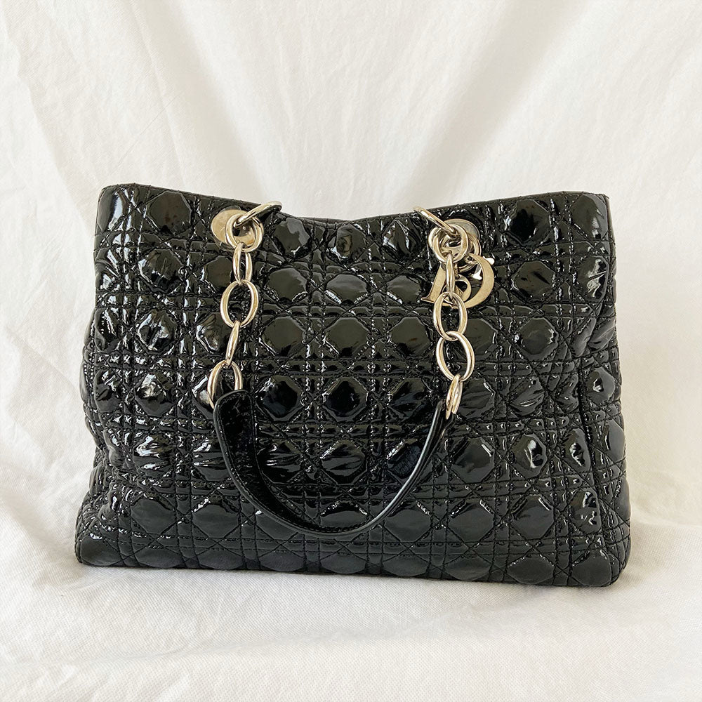 Dior Black Cannage Soft Patent Leather Lady Dior Shopper Tote