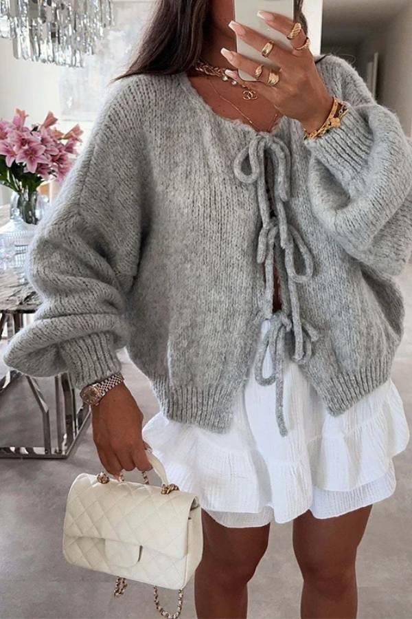 Stylish Solid Color Crew Neck Lace-up Sweater