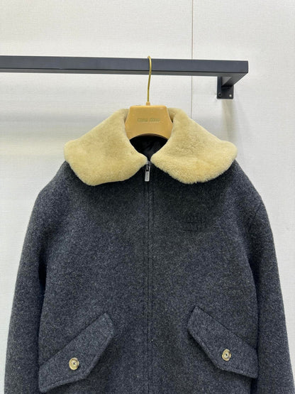 Miu 25 FW Collar Coat Dark Grey Sheep Wool 346114