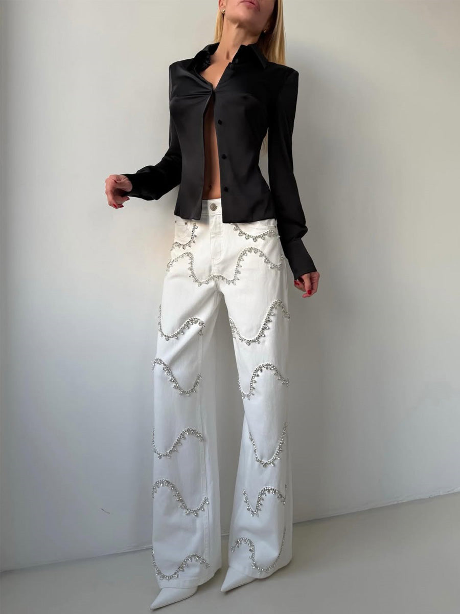 Lucienne Curved Rhinestone-Paneled Jeans