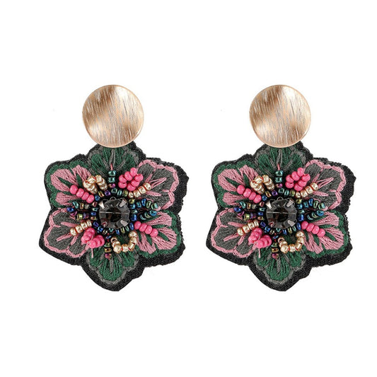 Earwish - Boho Fabric Floral Earrings - Blue / Green