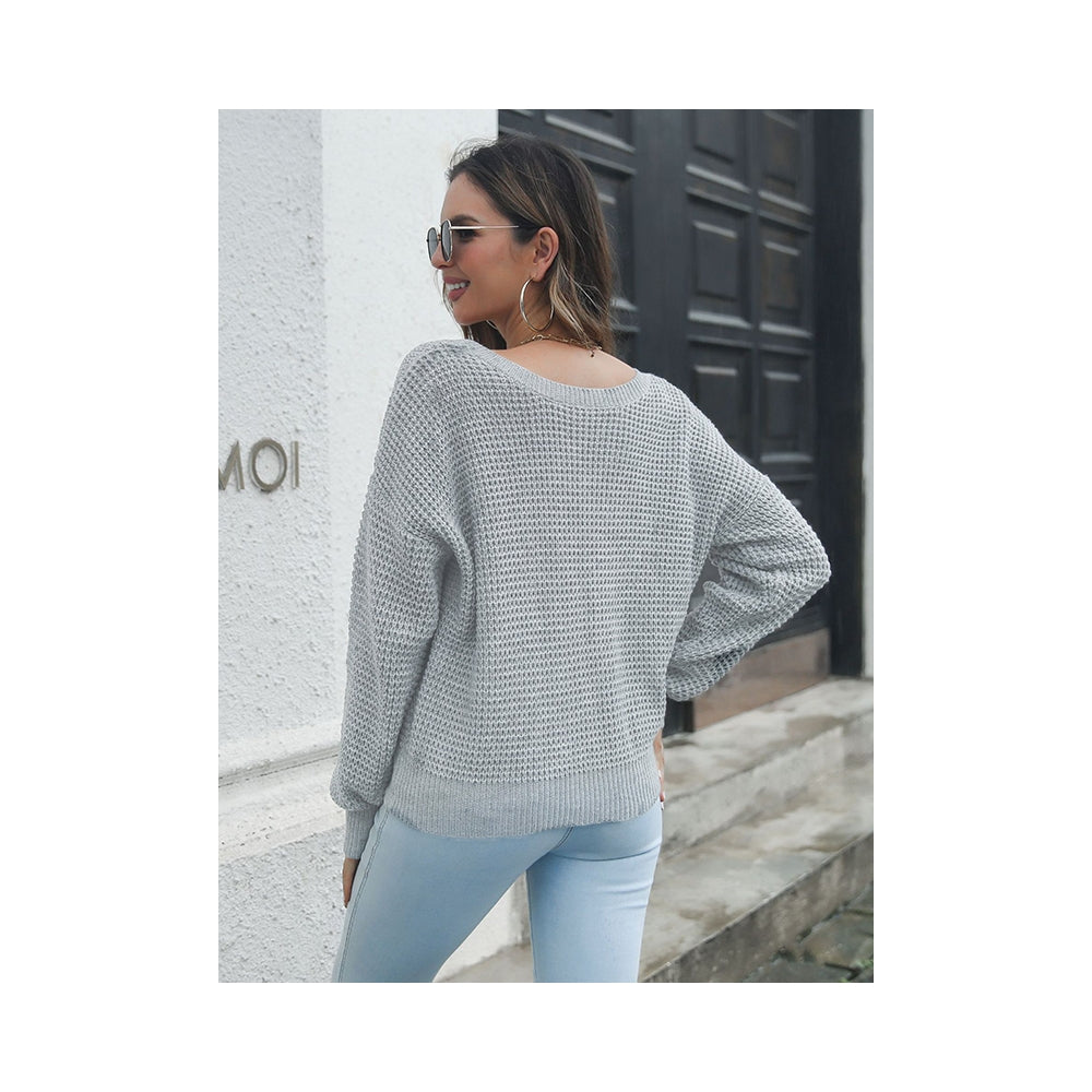Casual Long Sleeves Loose Solid Color V-Neck Sweater Tops