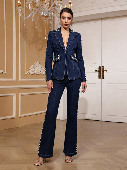 Celestia Pearl-Studded Denim Suit Set