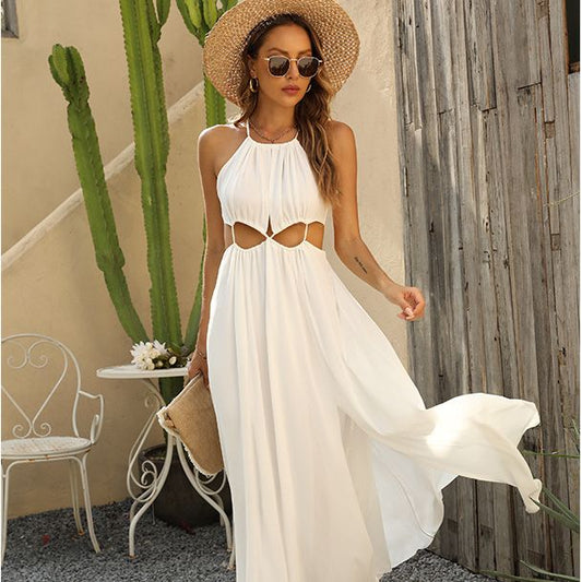 Temperament Beach Resort Split Halterneck Maxi Dress Stylish Backless Chiffon Maxi Dress
