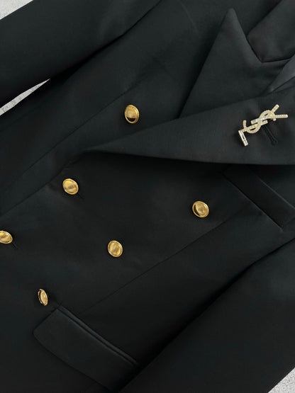 YSL 25 Double-breasted Suit Jacket Black Cotton Polyester