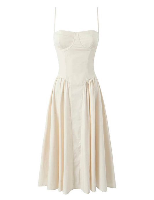 Solid Color Square Neck Pleated Midi Dress