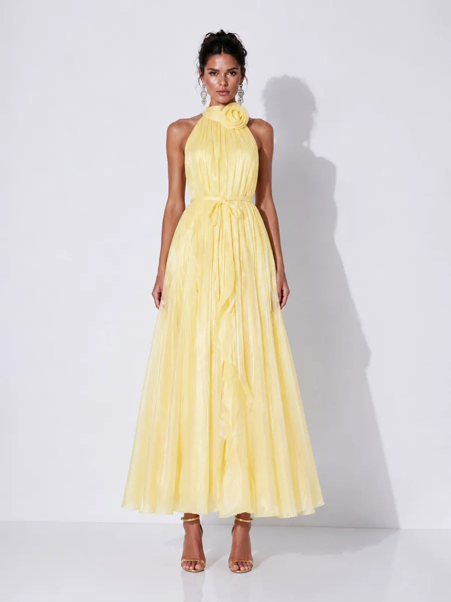 Elena 3D Floral Halter-Neck Pleated Maxi Dress