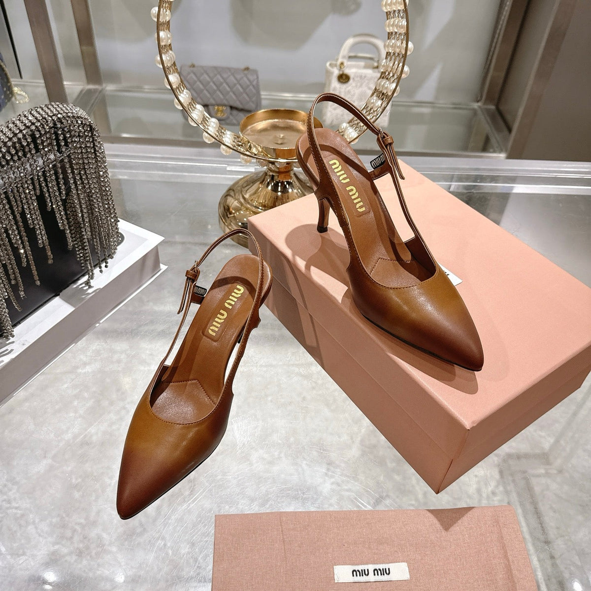 Miu 26 High Heel Slingback 75 Camel Brown Cowhide 592084