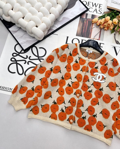 CC 26 Floral Pattern Cardigan Orange Beige Wool Cashmere 785282