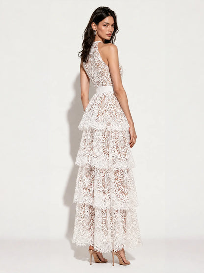 Amabel Lace-Embroidered Cut-Out Halter Maxi Dress