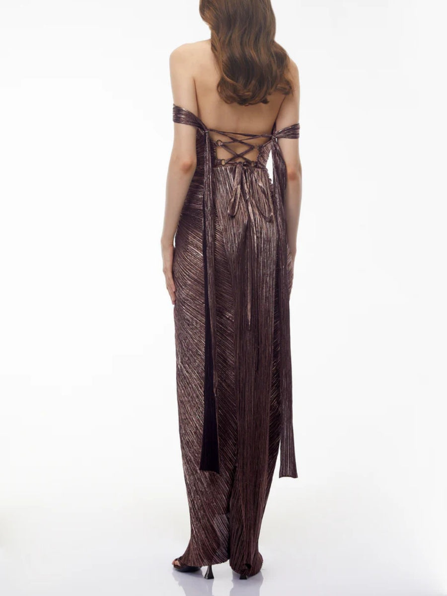 Chloe Metallic Pleated Off-the-Shoulder Maxi Dress