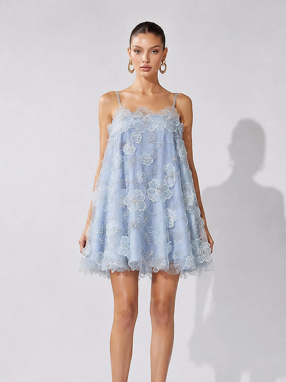 Abrianna Rhinestone Flower and Sequin Mesh Mini Dress