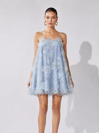 Abrianna Rhinestone Flower and Sequin Mesh Mini Dress