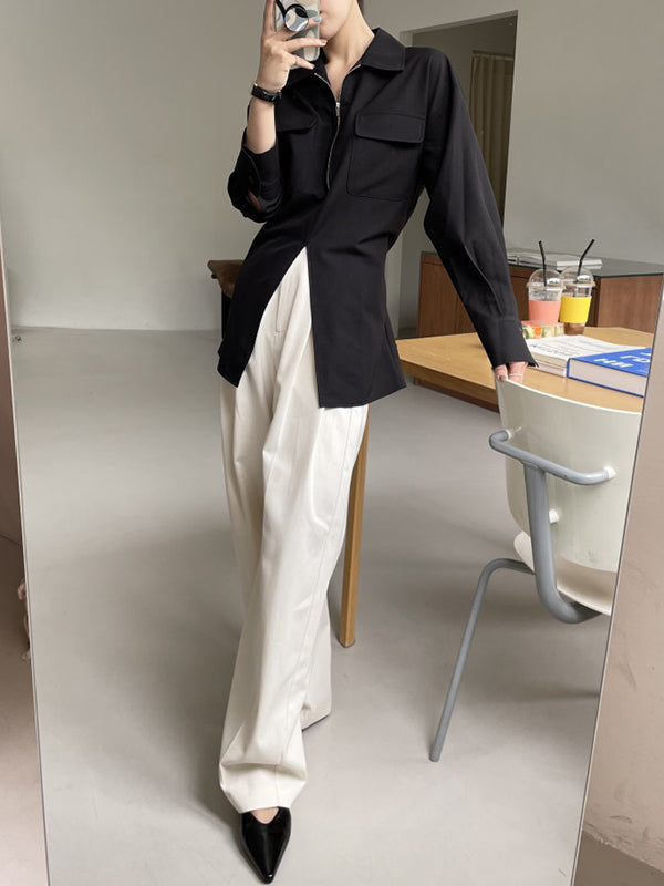 Long Sleeves Raglan Sleeve Pockets Split-Front Split-Joint Tied Zipper Lapel Blouses&Shirts Tops