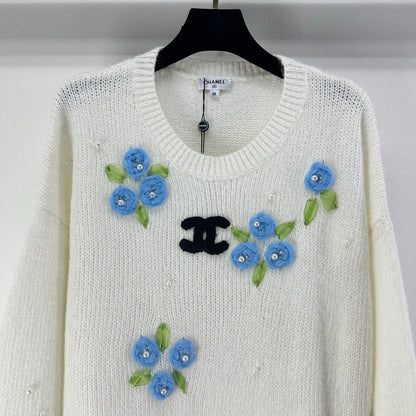 CC Floral Long-Sleeved Sweater White Wool Nylon 345973