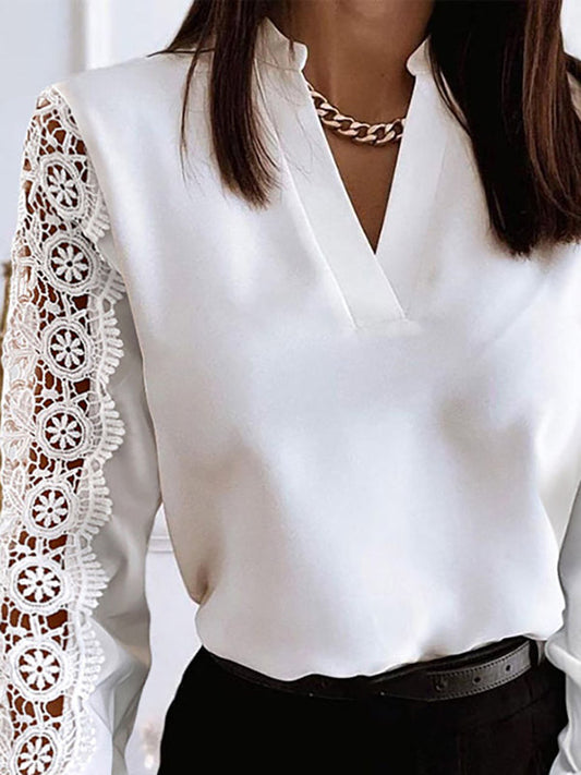 Long Sleeves Loose Hollow Solid Color Split-Joint V-Neck Blouses&Shirts Tops