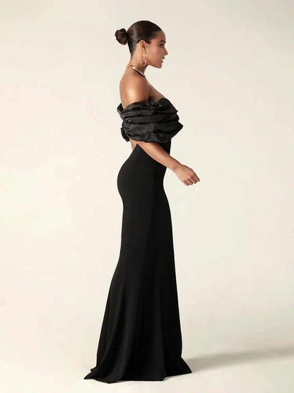 Nevaeh Crepe Ruffle Shoulder Maxi Dress