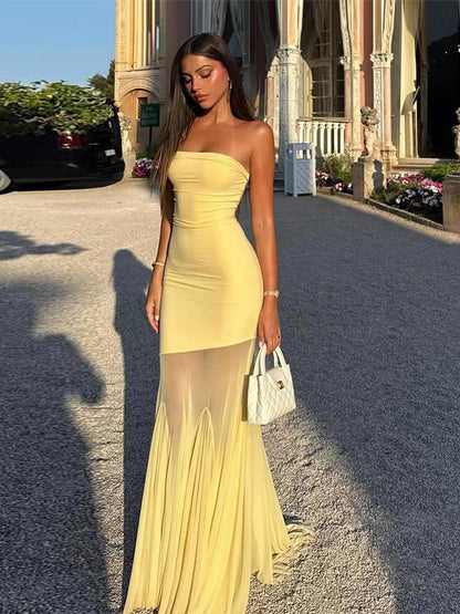 Gracelyn Ice Silk Mesh Strapless Maxi Dress