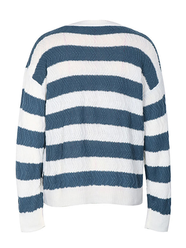 Long Sleeves Loose Contrast Color Striped Round-Neck Pullovers Sweater Tops