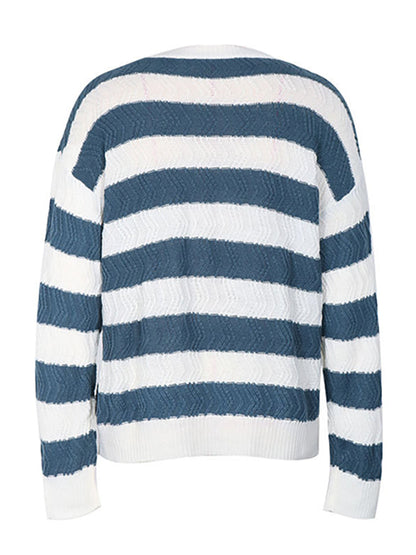 Long Sleeves Loose Contrast Color Striped Round-Neck Pullovers Sweater Tops