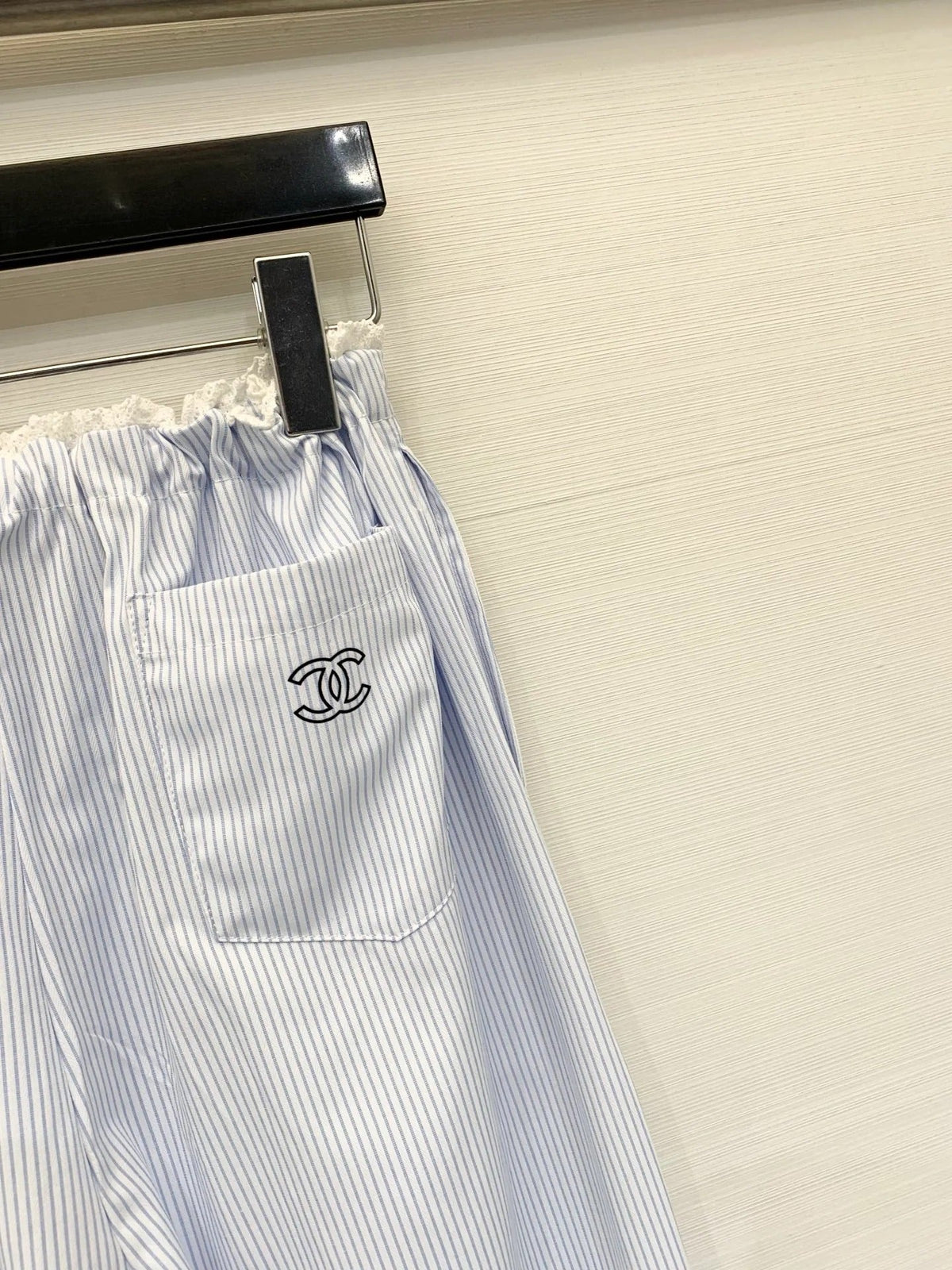 Chanel 2026 Striped Lace-trimmed Trouser Light Blue Cotton