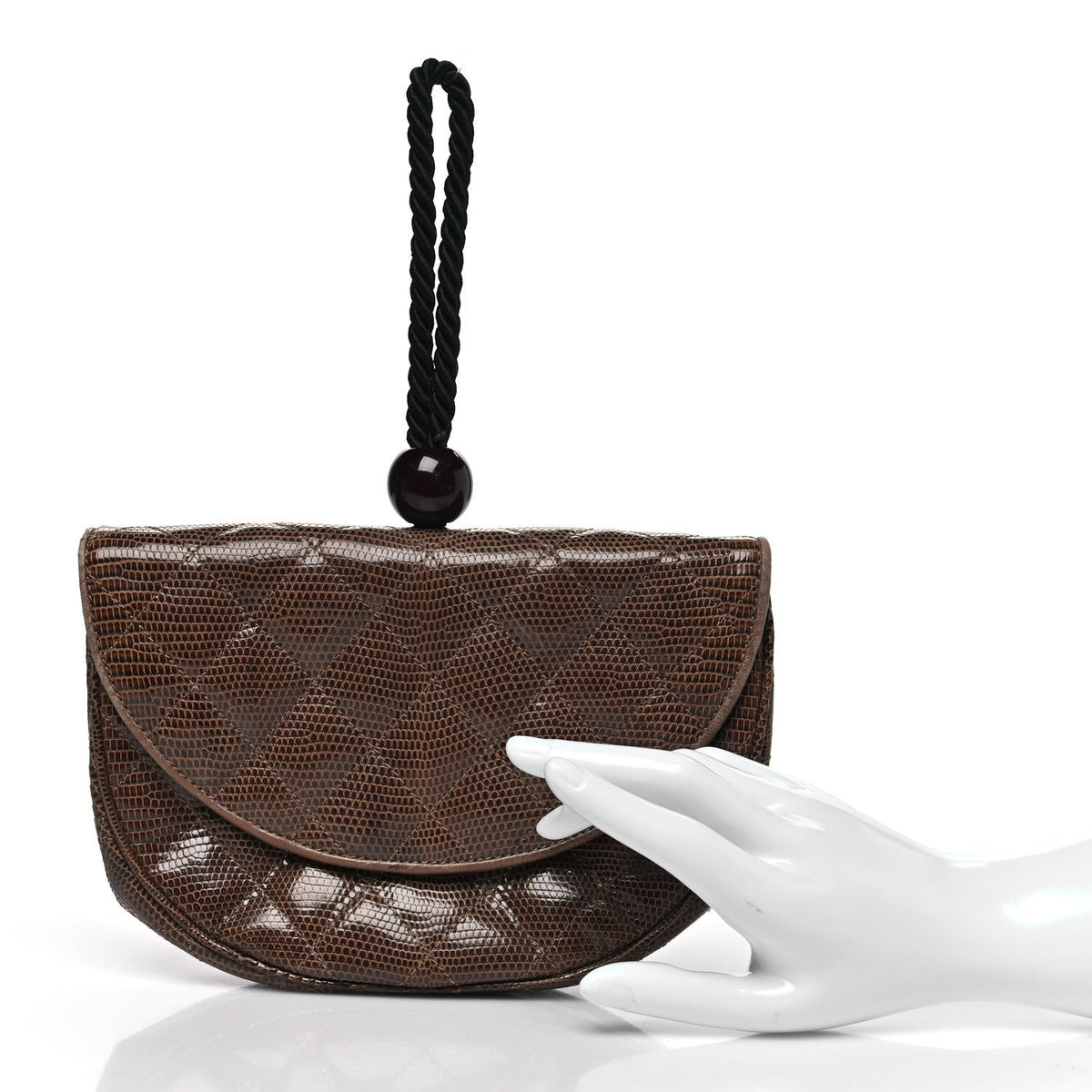 Lizard Quilted Rope Half Moon Clutch Dark Brown