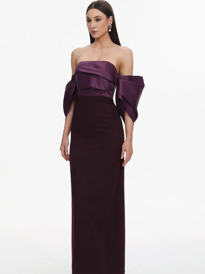 Kira Elegant Tailored Off Shoulder Pleated Satin Maxi Dress
