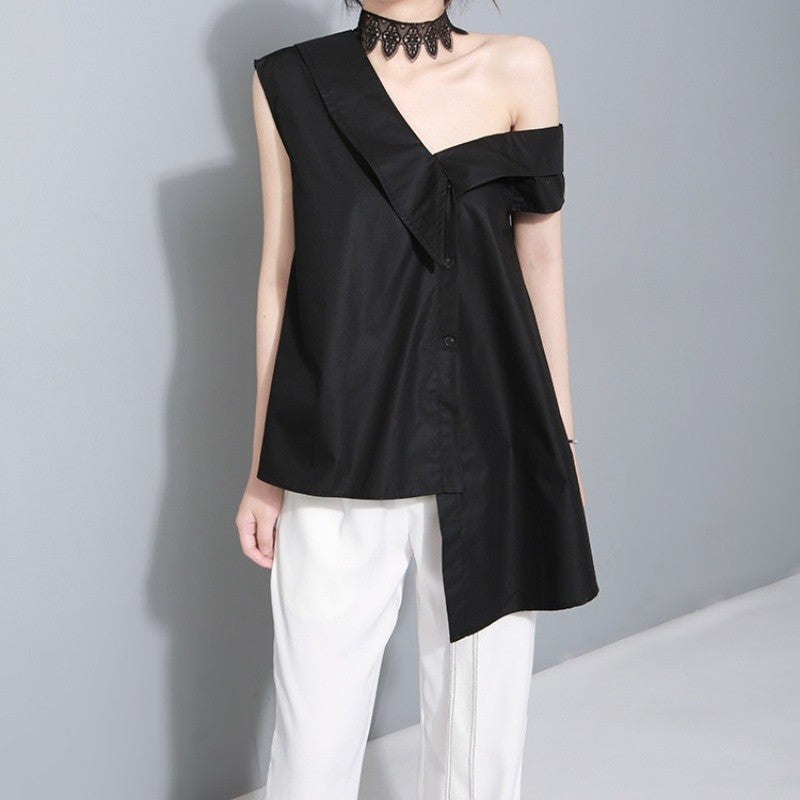 Off Shoulder Sleeveless Shirt Polyester Stand Collar