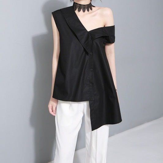 Off Shoulder Sleeveless Shirt Polyester Stand Collar