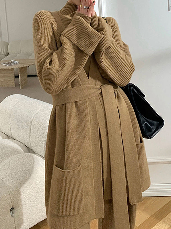 Wide Leg Belted Pockets Solid Color High-Neck Cardigan&Sweater Tops&Pants Suits