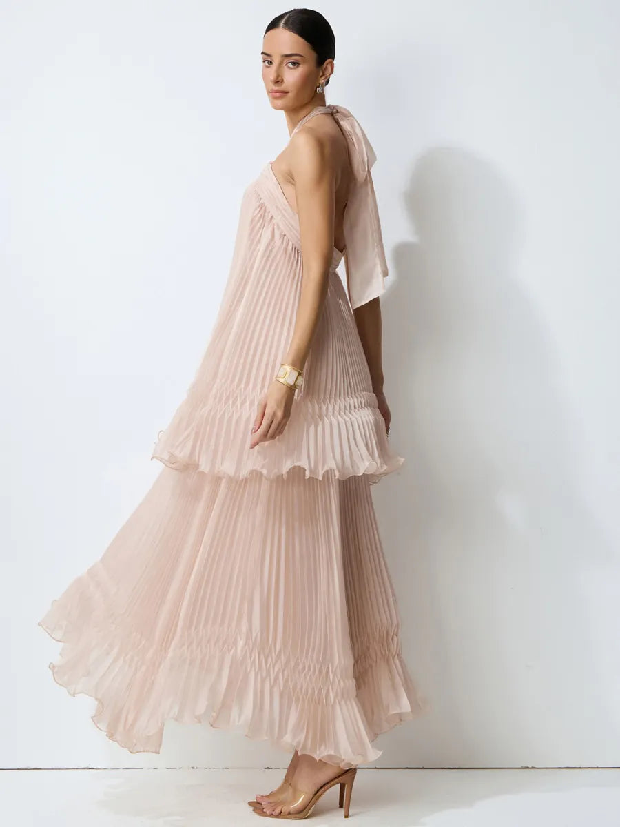 Skylar Pink Halter Neck Pleated Maxi Dress