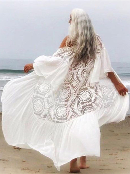 Lace Embroidered Ruffled Chiffon Pullover With Beach Jersey Bikini Blouse