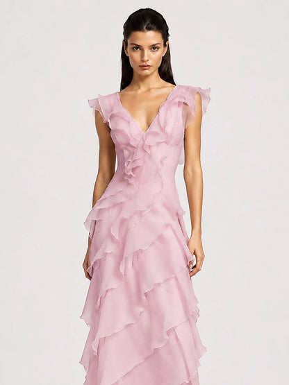 Annabel Ruffled V-Neck Maxi Dress