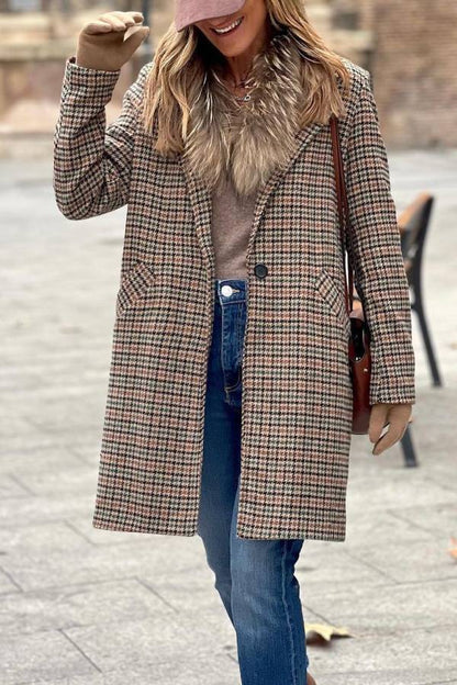 Brown plaid wool suit collar coat