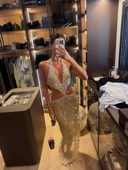 Zorina Halter Cutout Sequin Maxi Dress In Gold