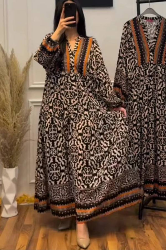 Contrast color V-neck long sleeve printed dress