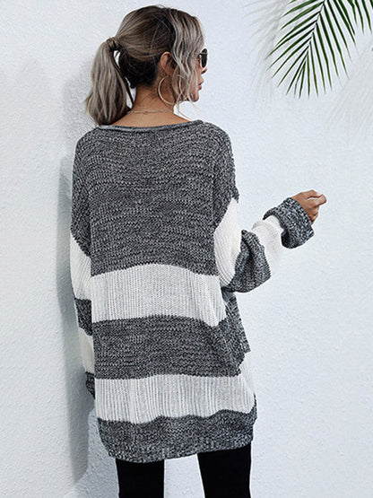 Simple Loose Contrast Color Striped Round-Neck Sweater