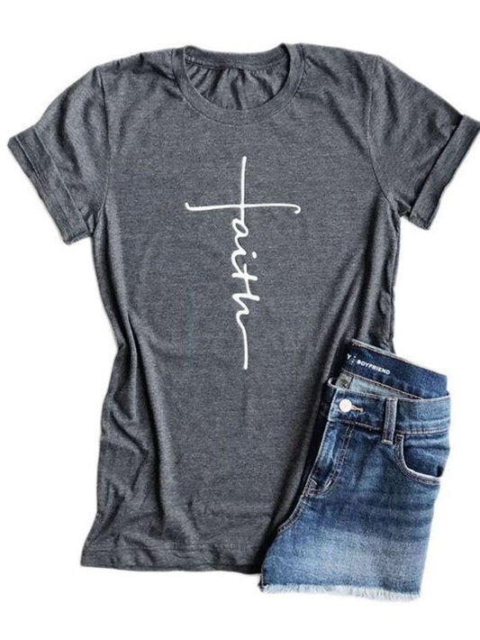 Letter Printed Crew Neck Cotton Short Sleeve T-Shirt