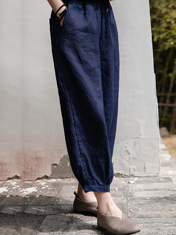 Simple Linen Solid Color Elasticity Waist Loose Knickerbockers&Capri-Pants