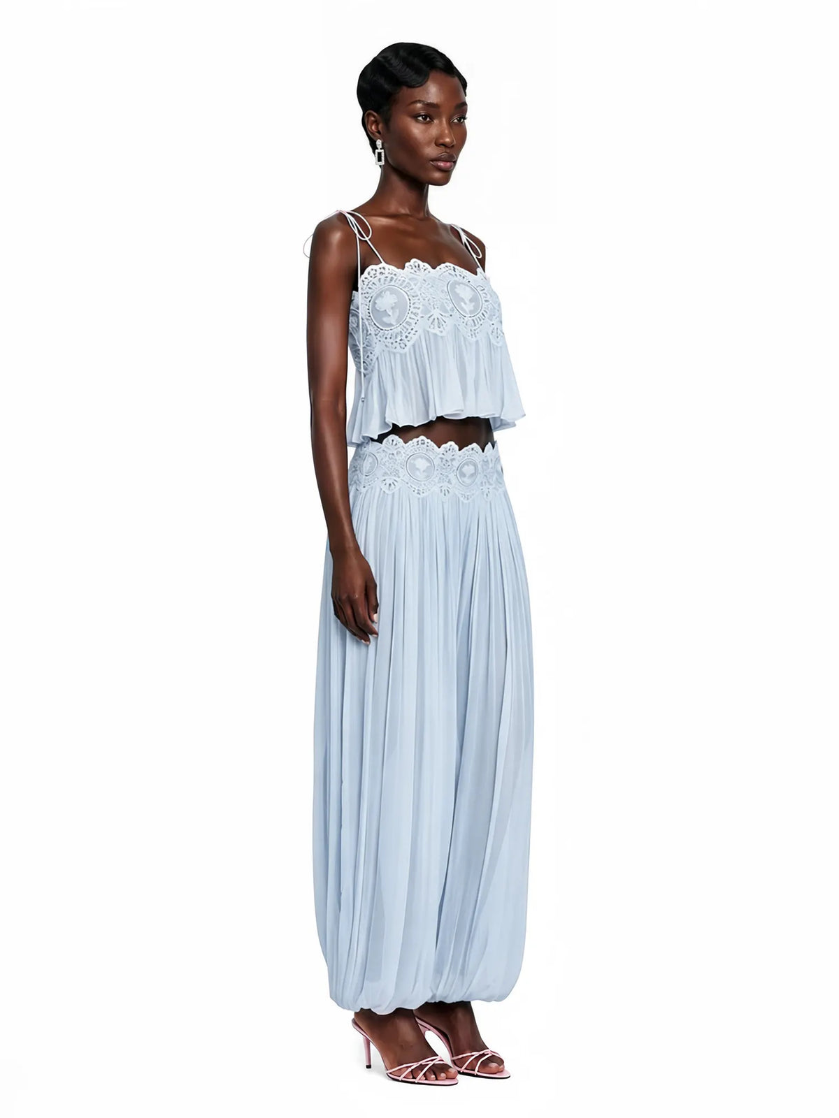 Cerys Lace Trim Ruched Top & Trouser Set In Blue