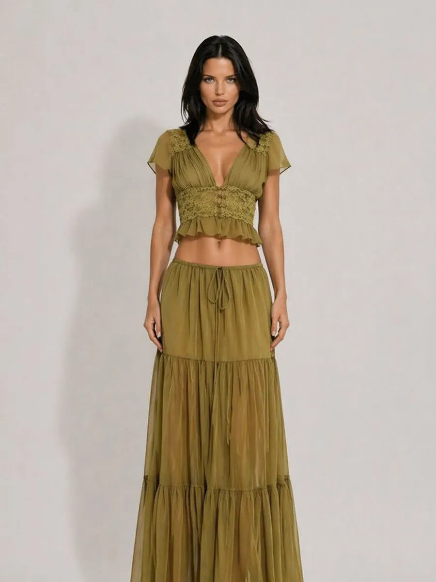 Mariana Mesh & Lace Deep V-Neck Maxi Skirt Set with Ruffles