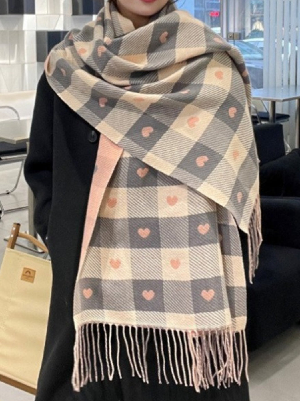 Sscarvii - Heart Print Plaid Winter Scarf