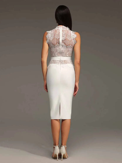 Delilah Stand Collar Lace Bandage Mini Dress