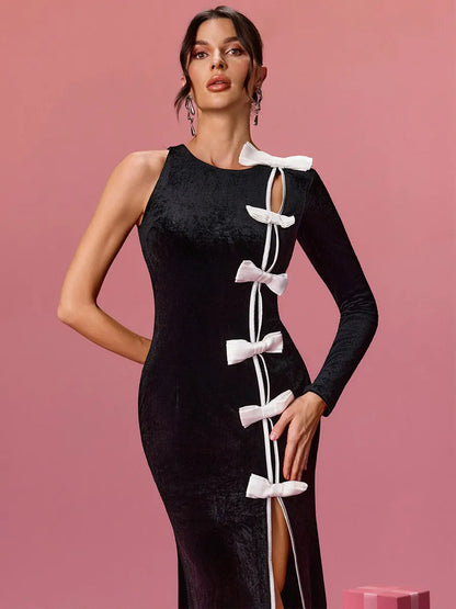 Lila One Shoulder Bow Velvet Maxi Dress