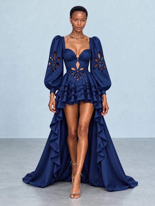 Maya Floral Cutout Detail Puff Sleeve Maxi Dress In Navy