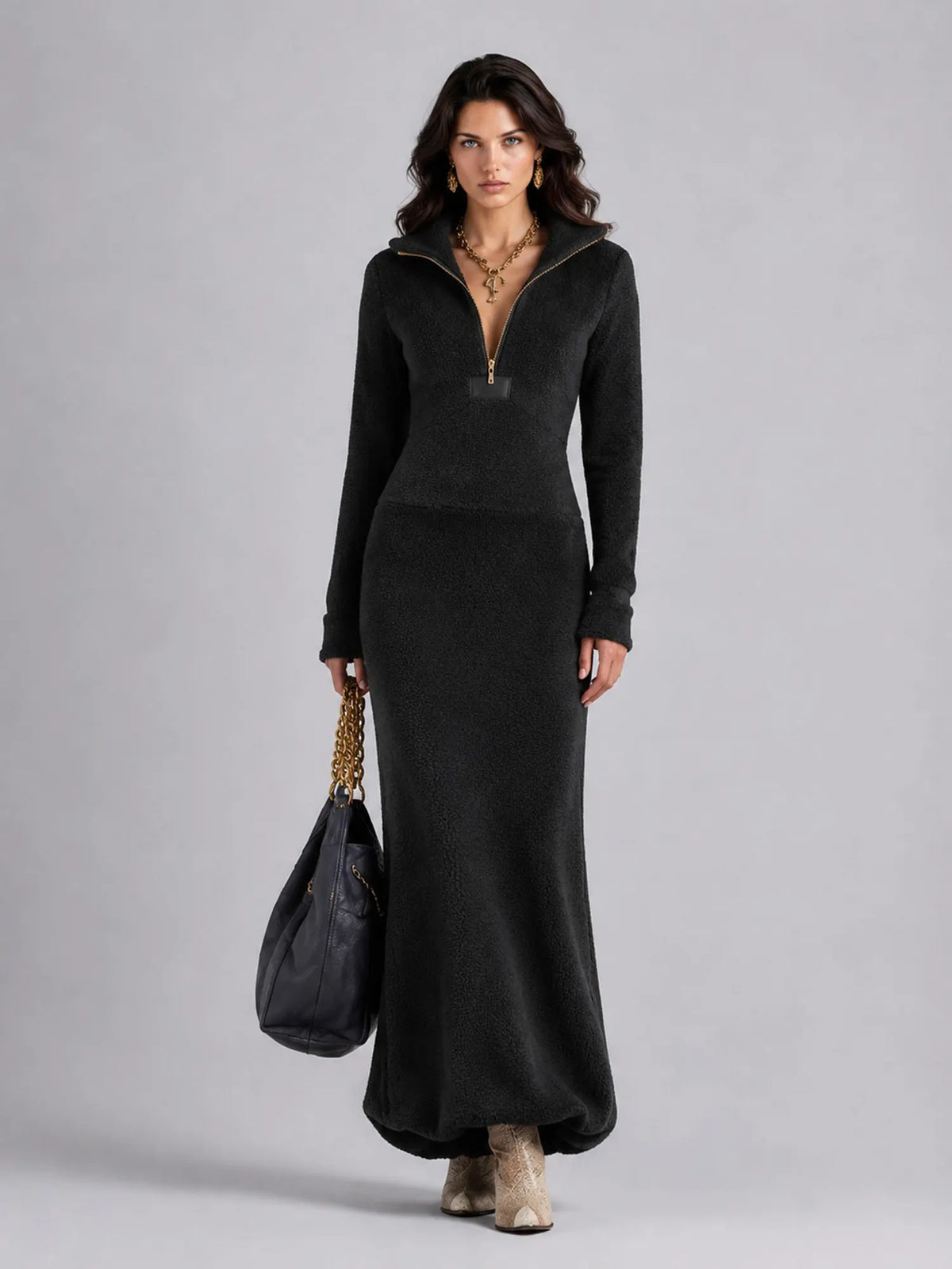 Sarah Fleece Maxi Dress with Polo Collar
