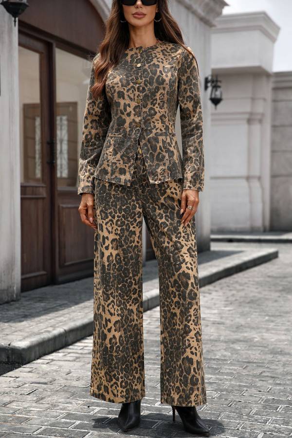Slim-fit denim wide-leg pants suit