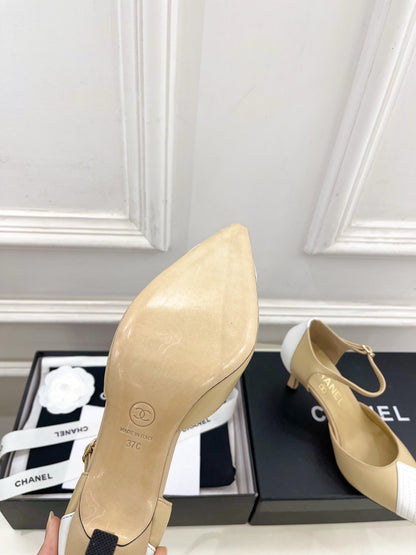 CC 26 SS Double C Slingback 7.5cm Beige White Calfskin 586936