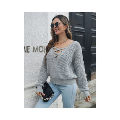 Casual Long Sleeves Loose Solid Color V-Neck Sweater Tops
