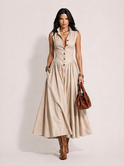 Astrid Lapel Multi-Button Maxi Dress